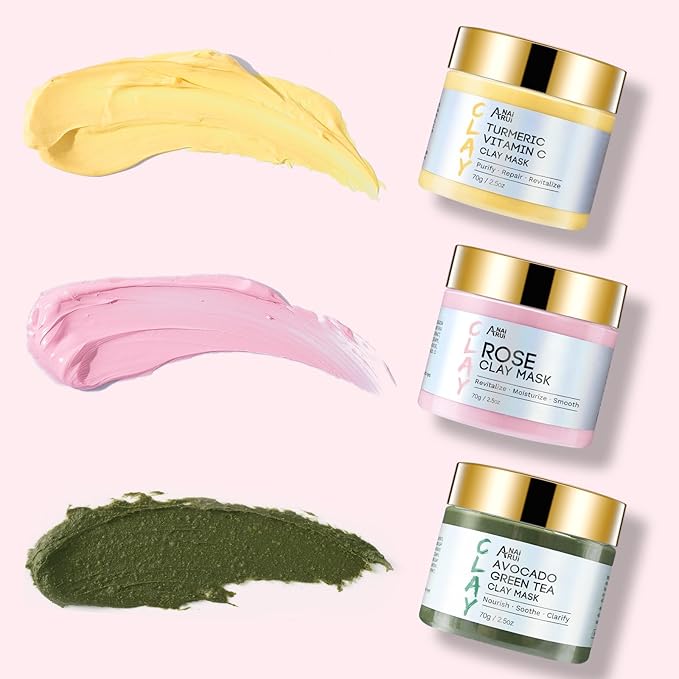 ANAI RUI 3 Pack Clay Mask Set Turmeric Vitamin C Clay Mask -Rose Facial Mask -Avocado Green Tea Mud Mask Smoothing, Hydration & Glow,Spa Gift Set, Self Care for Women Teens 2.5 oz Each