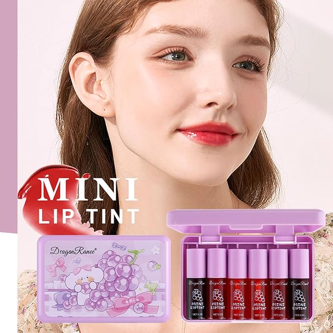 Eakroo 6 Colors Grapes Lip Tint Stain Set, Korean Lip Gloss Watery Lip Stain, Lipstick for Women, Lip Gloss for Girls, Blush for Cheeks, Non-Stick Cup, Waterproof, High Pigment, Lip Tint Makeup
