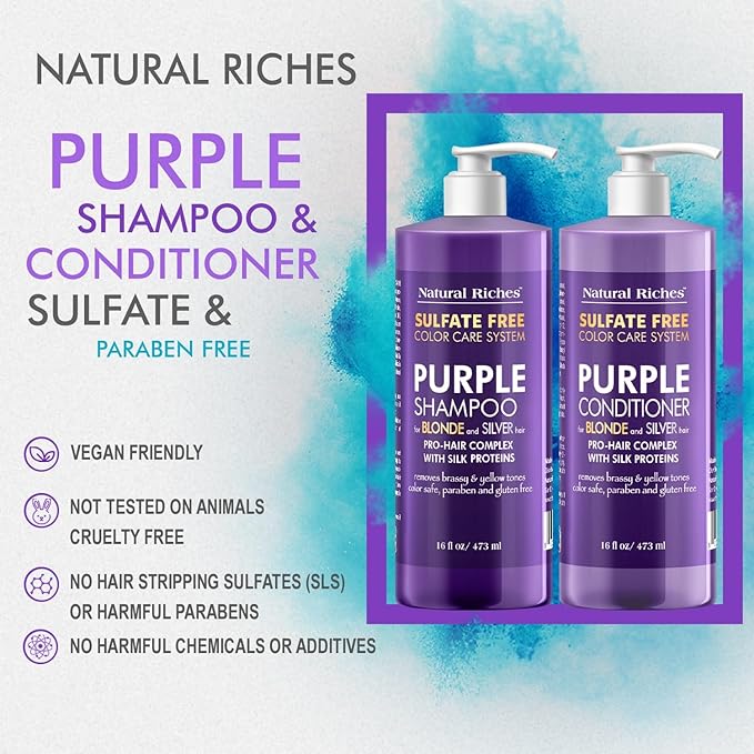 Natural Riches Purple Shampoo and Conditioner Set for Blonde, Silver & Gray Hair – Sulfate-Free, Color-Safe, Removes Brassy & Yellow Tones for Natural, Highlighted, and Bleached Hair – 16x2 fl oz