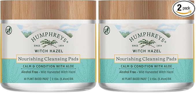 Humphreys Witch Hazel Nourishing Cleansing Pads | Wild Harvested Witch Hazel & Aloe | Hydrating, Natural Alcohol-Free Formula | 60 Rounds,(Pack of 2)