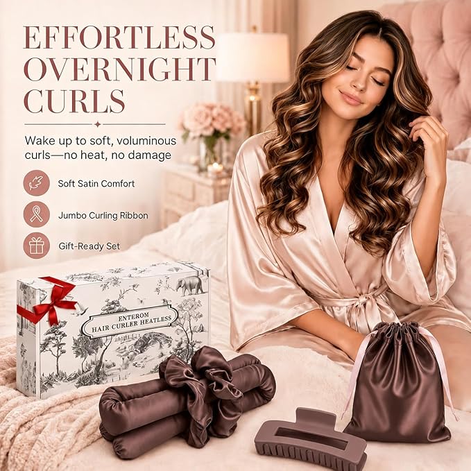 EnteromMuse Heatless Curls Overnight Satin Curling Set No Heat Hair Curler for Long & Short Hair, Heatless Curling Rod&Rollers for Soft Bouncy Curls Complete Kit with Storage Bag(Brown, Original)