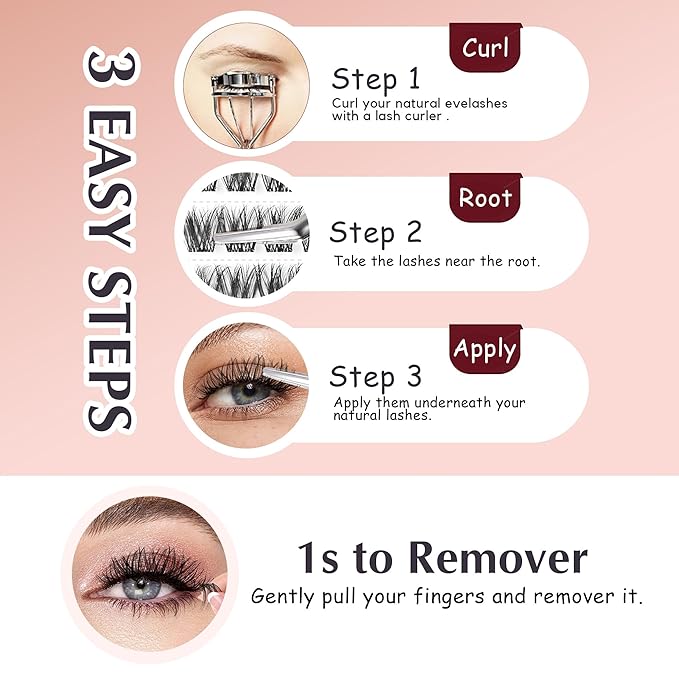 La Maesii Self Adhesive Eyelashes, No Glue Clear Band Eyelashes Natural Individual Press On Lashes,10-14mm Wispy Clear Band Self Adhesive Lash Clusters Kit with Eyelash Tweezers（Kit-133）