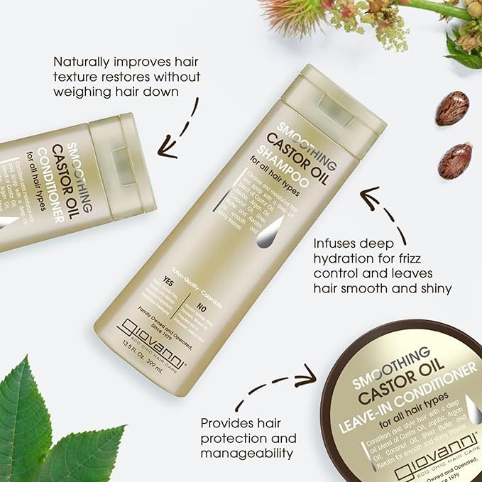 GIOVANNI Smoothing Castor Oil Shampoo - All Hair Types, Moisturize Hair & Scalp, Hydrate & Tame Frizz, Jojoba, Argan Oil, Coconut Oil, Shea Butter, Keratin - 13.5 oz
