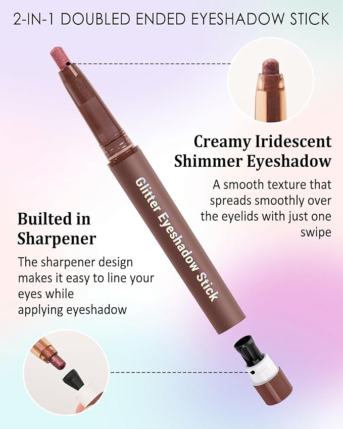 Glitter Eyeshadow & Eyeliner Stick 2 in 1, Metallic Shimmer Pink Eyeshadow Stick, Twist-Up Built in a Sharpener Eyeliner Pen, Waterproof Creamy Eye liner Makeup for Women Halloween-04 Nude Pink