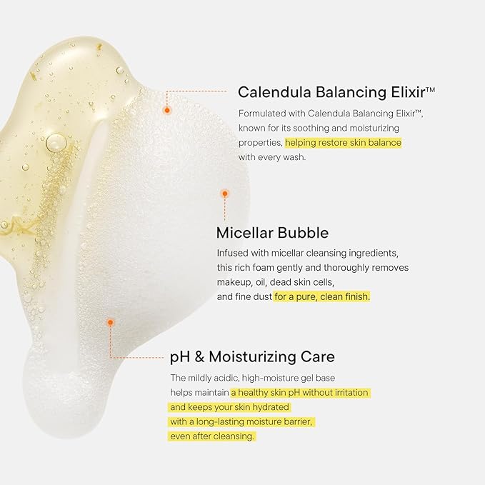 IUNIK Calendula Balancing Foam Gel Cleanser – Calendula Gentle Daily Low pH Facial Cleanser for Hydrating & Mild Exfoliating Care, Korean Skincare for All Skin Types, 150ml / 5.07 fl oz