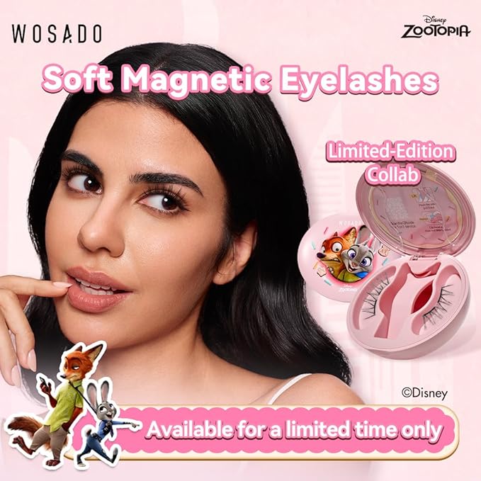 WOSADO×Zootopia1 Bag Gift Set, Disney [No.18 Velvet Black] 21.5mm Soft Magnetic Eyelashes Kit with Applicator, Reusable Glue-free Magnetic Lashes, Cruelty-free False Lashes, Waterproof, for Makeup