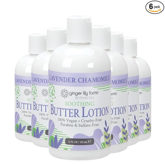 Ginger Lily Farms Botanicals Soothing Butter Lotion for Dry Skin, 100% Vegan & Cruelty-Free, Lavender Chamomile Scent, 12 Fl Oz (Pack of 6)