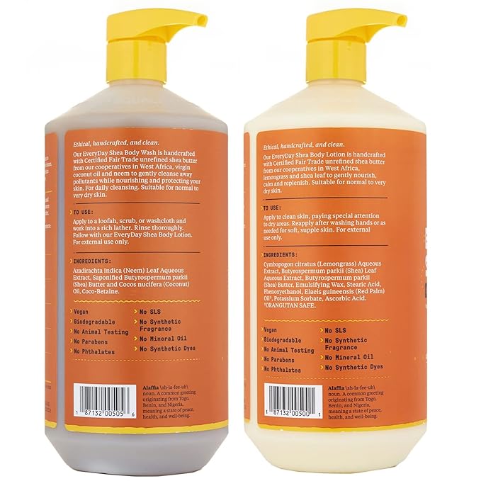 Alaffia Body Wash & Body Lotion Set, EveryDay Shea, Unscented – Gentle Skin Cleanser & Moisturizer for Normal to Very Dry Skin, 32 Oz Ea