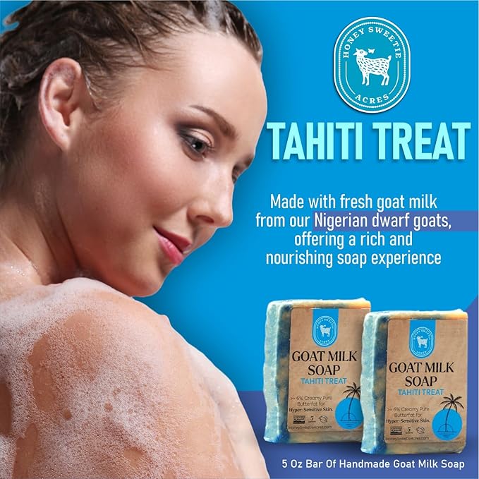 Honey Sweetie Acres 2-Pack Tahiti Treat Goat Milk Soap - Handmade 5 oz Bar, Made with Natural Ingredients, Moisturizing & Gentle, Made in the USA