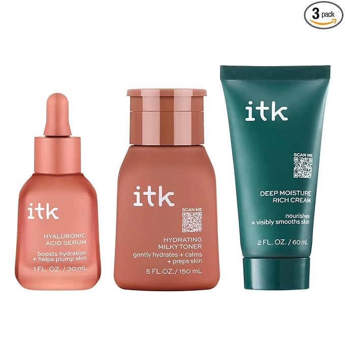 ITK Skincare Glowy Skin 3-Step Routine - Hyaluronic Acid + Niacinamide Serum, Squalane Milky Toner, Deep Moisture Ceramide Face Cream Moisturizer - Makeup Prep Skincare for Glowing Hydrated Skin