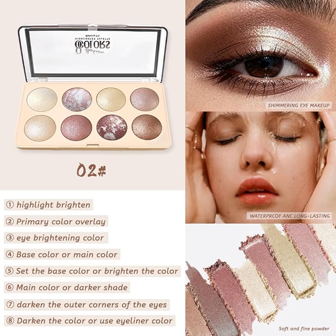 Warm Neutral Shimmer Baked Eyeshadow Makeup Palette, 8 Color Smooth Blendable Buildable Highlighter Palette, Long-Lasting Vegan Cruelty-Free, Suitable for All Skin Tones, Travel Size Multi-Use 02#