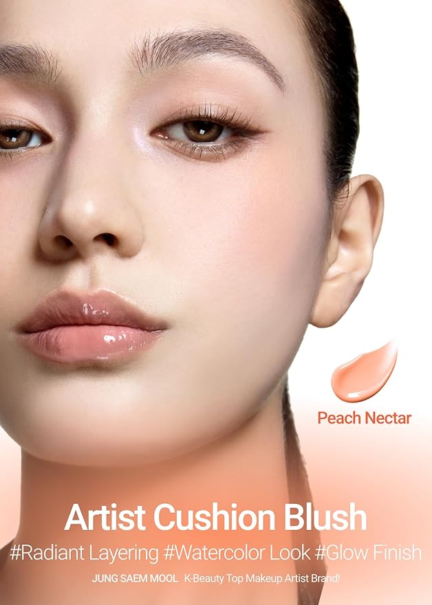 JUNG SAEM MOOL Artist Cushion Blush | Easy to Blend with Puff, Buildable Liquid Blush for Cheeks with a Natural & Dewy Finish, Korean Makeup (Dewy | Peach Nectar)