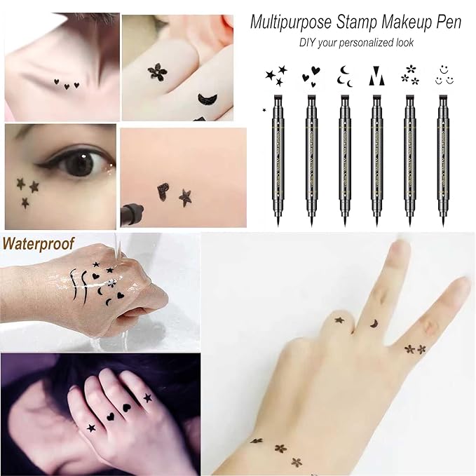 6 Pcs Double-headed Eyeliner Stamps Set Black Liquid Eye Liner Pen With Star,Moon,Heart,Flower,Smiley,Triangle Stamp Stencils Shapes for Women Makeup Kit Long-Lasting Waterproof Smudgeproof