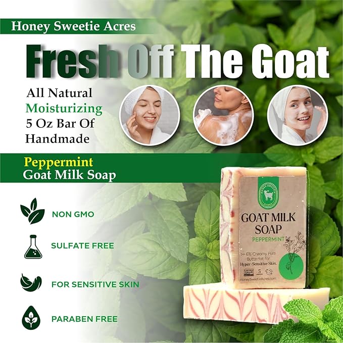 Honey Sweetie Acres Peppermint Goat Milk Soap - Handmade 5 oz Bar, Made with Natural Ingredients, Moisturizing & Gentle, Made in the USA