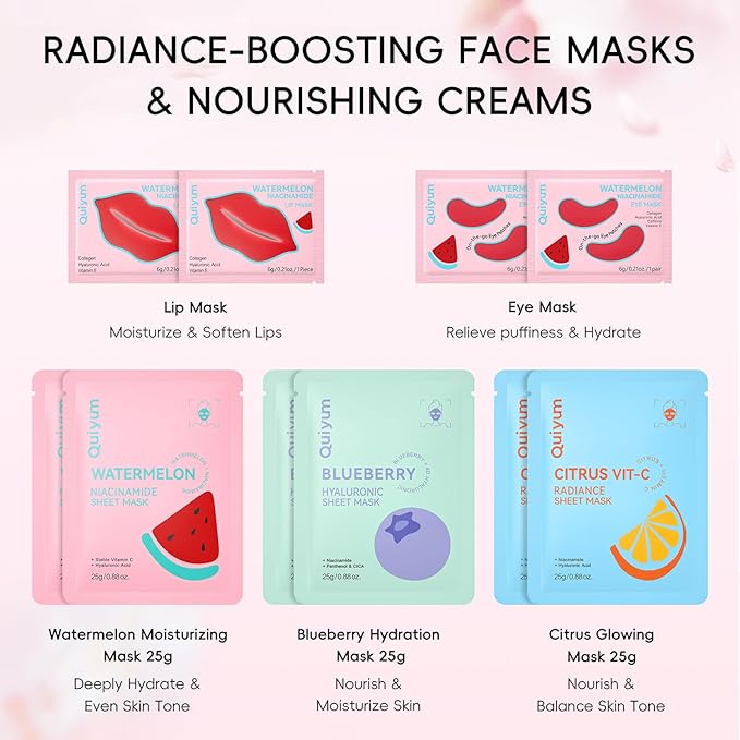 QUIYUM Skincare Set - 26PCS Face Masks & Lip-Eye Masks, Fruit & Turmeric VC Masks Gifts for Women Teen Girls, Travel Size Toiletries for Mother's Day Christmas Birthday