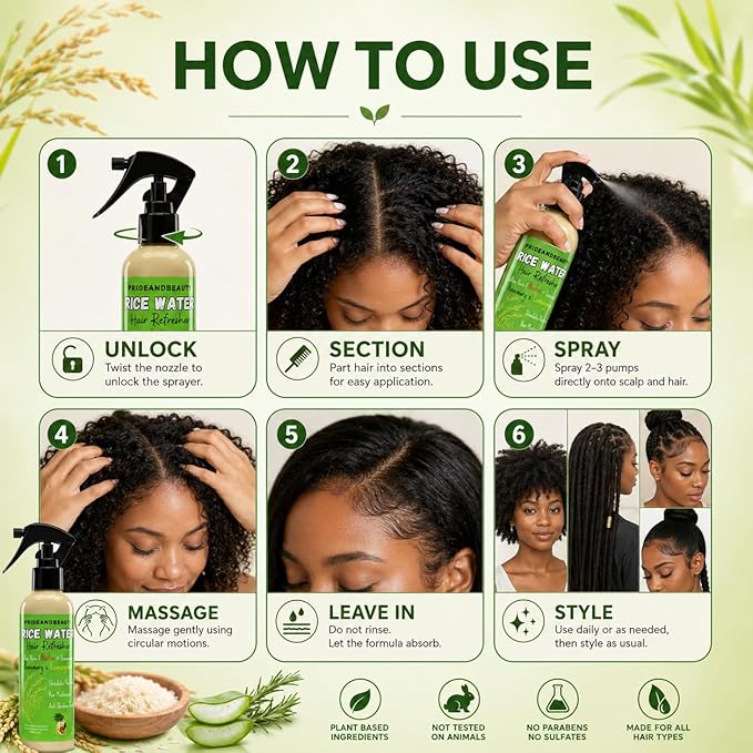 PrideandBeauty Fermented Rice Water Hair Refresher – Infused with Rosemary, Biotin, Caffeine & Keratin – Strengthens, Reduces Breakage, Hydrates & Softens – Non-Greasy Leave-In for All Hair Types