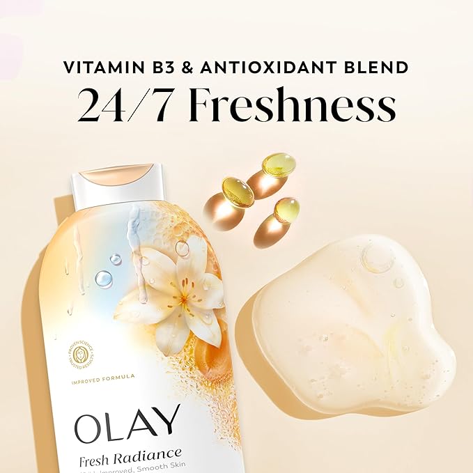 Olay Body Wash for Women, Fresh Radiance, 24/7 Skin-Loving Freshness, Visibly Radiant, Plant Based Cleansers, Vitamin B3 & Antioxidant Blend, All Skin Types, Vanilla Blossom & Apricot Scent, 22 fl oz