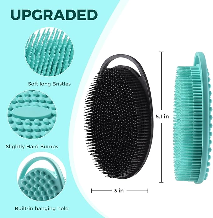2 Pack Silicone Body Scrubber, Exfoliating Silicone Shower Scrubber for Body, Gentle 2 in 1 Silicone Loofah Alternative for Women Men, Dual-Sided Soft Bath Scrubber for All Skin, Black+Green