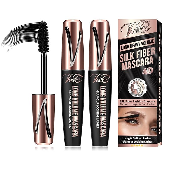 Venicare 4D Silk Fiber Lash Mascara Liquid Extension Makeup Eye Lash Kit Luxuriously Longer Thicker Voluminous Eyelashes Waterproof Smudge-proof Natural No Clumping Smudging Lasting All Day 2 Pack
