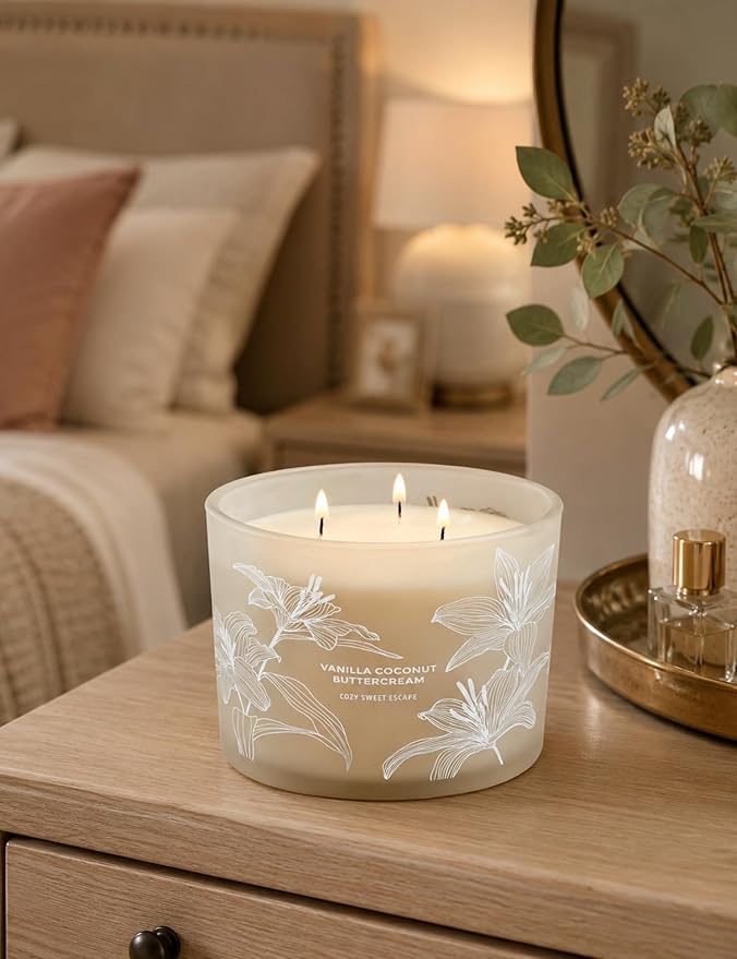 Vanilla Coconut Buttercream Candle, 14.5oz Large 3-Wick Soy Scented Candles for Home, Vanilla Cupcake Candle, Long Lasting Aromatherapy Candle, Gift for Mom Women