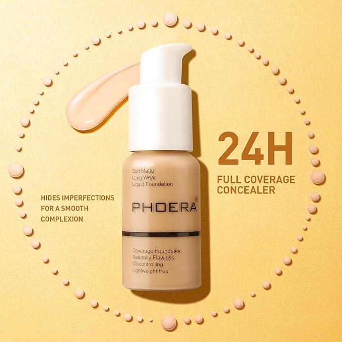 PHOERA Foundation Makeup, Flawless Soft Matte Oil Control Liquid Foundation, Full Coverage Mattle Oil-Control Concealer for Older Women, Great Choice For Gift (#103 Warm Peach)