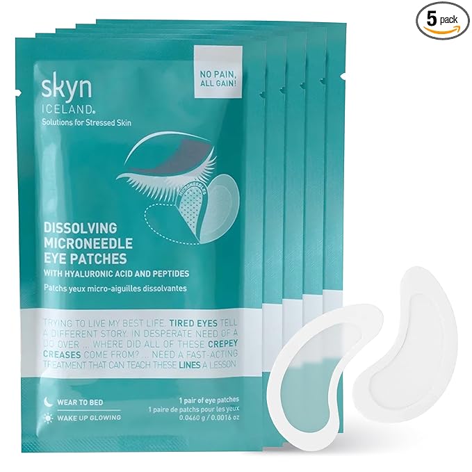 skyn ICELAND Dissolving Microneedle Under Eye Patches with 39% Hyaluronic Acid and Peptides, No Slip Overnight Eye Mask for Fine Lines, Wrinkles and Firming, Vegan, All Skin Types, 5 Pairs