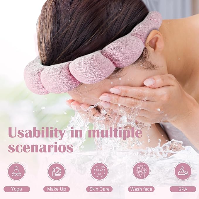Ztomine Spa Headbands, Set of 2, Terry Cloth Headband Face Wash Headband Combo Pack - Puffy Makeup Headbands for Face Washing, Mask (Dark khaki + pink)