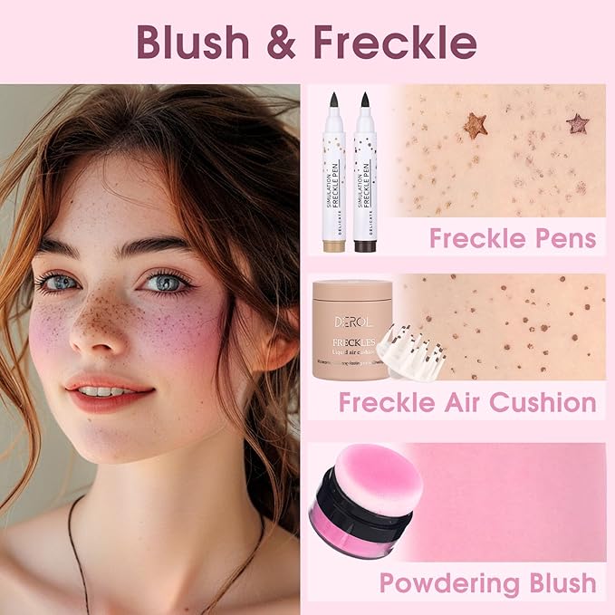 MARBUROLY Natural Freckle Purple Blush Makeup Kit- Liquid Fake Freckle Air Cushion, 2 Colors Freckle Pen, Powder Cushion Blush, Waterproof Long Lasting Freckles Marker for Cheek