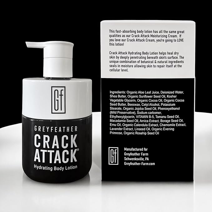 Greyfeather Crack Attack Hydrating Body Lotion for Dry Cracked Skin – Fast Absorbing, Mint Scented, Non-Greasy Moisturizer with Aloe, Shea Butter – Heals Hands, Feet, Elbows, Full Body Repair