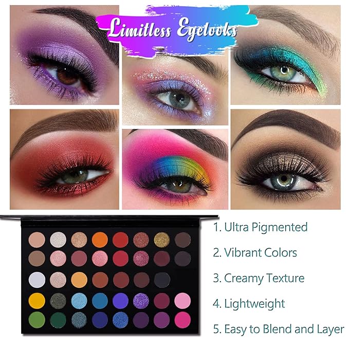 CHARMCODE 40 Colors High Pigmented Shimmer Matte Eyeshadow Makeup Palette Full Spectrum Artist Glitter Metallic Waterproof Creamy Blendable Eye Shadow Cosmetics (Color 1)
