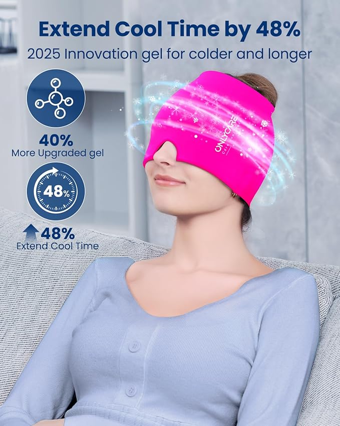 ONLYCARE Migraine Relief Cap, Upgraded Headache Relief Cap with Odorless Reusable Gel Head Wrap, Soothing Face Ice Pack Mask Products with Hot & Cold Therapy for Tension, Stress, Hangover & Puffy Eyes