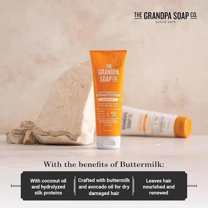 The Grandpa Soap Company Buttermilk Conditioner - Nourishing Formula to Help Strengthen and Hydrate Hair, With Coconut Oil & Silk Protein, Vegan, Sulfates and Parabens Free, 8 Fl Oz, 2 Pack