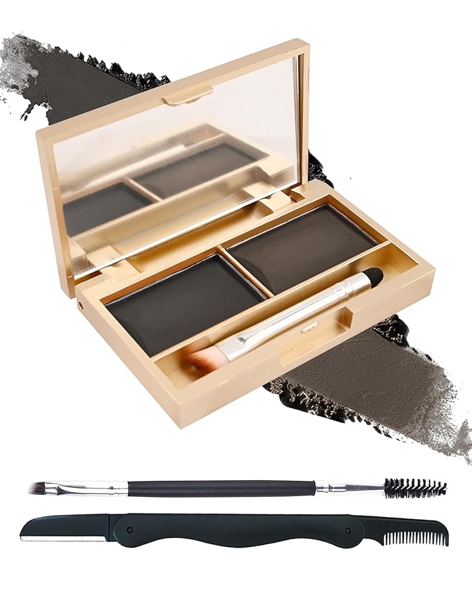 Eyebrow Powder Kit- 2 Color Soft Tinted Eye Brow Powder Palette,Waterproof Longlasting Dark Black/Dark Grey Brow Filler,Professional Eyebrow Makeup for Older Women with Mirror Brow Brush & Razor-Set06