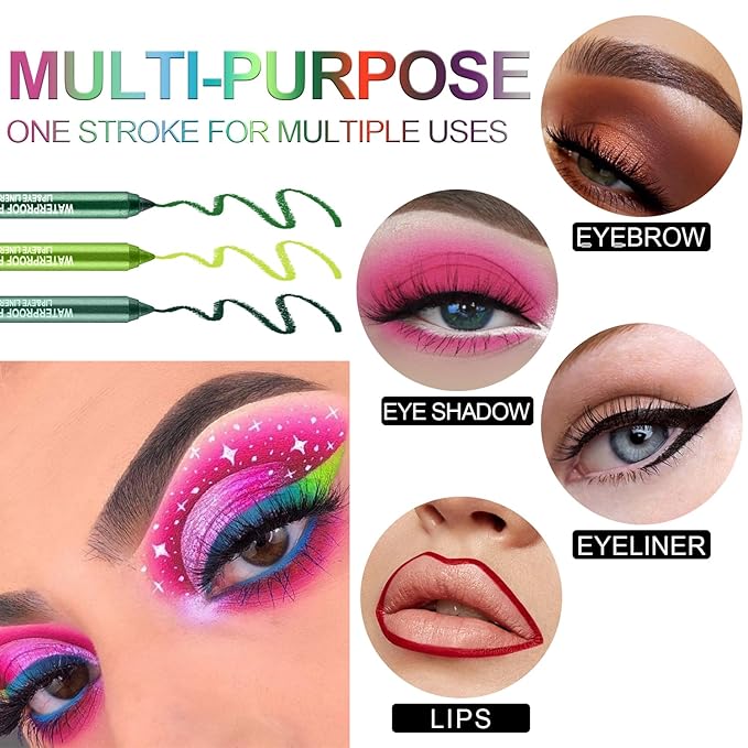 LemonSac 3 Colorful Eyeliner Pen Set, Eye Shadow Pencil, Pearl Eyeliner Kit Metallic Glitter Eye liner Pencil for Women Eye&Lip Liner Professional St Patricks Day Accessories (3PCS A)