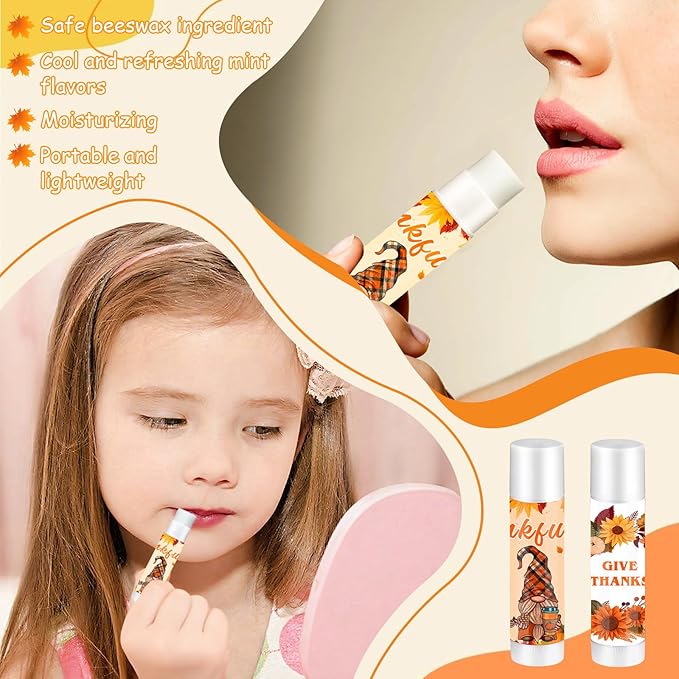 50 Set Fall Gifts Lip Balms Bulk Fall Party Favors 6 Assorted Flavors with 50 Organza Bags and Cards Autumn Pumpkin Maple Leaf Chapstick Thanksgiving Gifts for Women Men Coworkers Guest