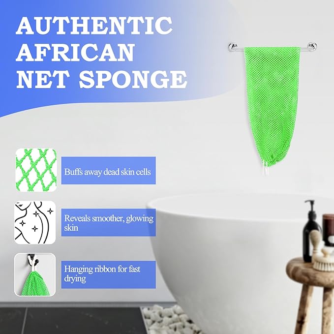 African Net Sponge - Deep Exfoliating Body Scrubber - Ultra Long African Net Sponge Reaches All Back Areas, Gently Buffs Away Dry Flaky Skin for a Renewed Feel, Home Spa Experience（Green）