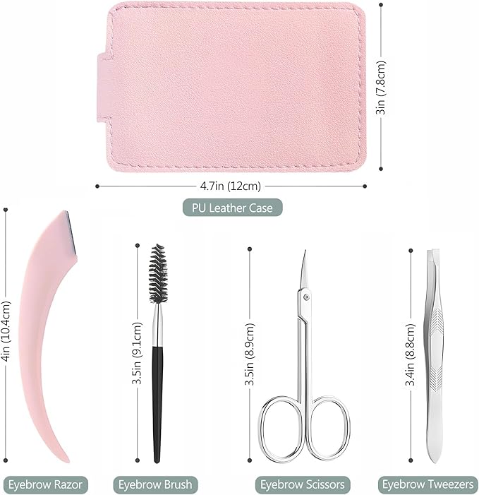 Eyebrow Trimmer Kit, 5-in-1 Set with Eyebrow Scissors, Eyebrow Razor, Tweezer, Brush, and Mirror for Women, Includes Leather Carry-Around Bag (Pink).