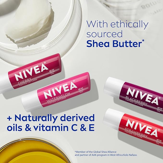 NIVEA Lip Care, Fruity Tinted Lip Balm Variety Pack, Cherry, Strawberry, Blackberry and Watermelon Flavors, Mothers Day Gifts, 0.17 Oz Stick, Pack of 4