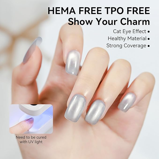 HEMA Free TPO Free Cat Eye Gel Nail Polish, 3-In-1 One Step Silver Cateye Gel Polish with Magnet, 12ml Glossy Glitter Magnetic Soak Off UV/LED Nail Art Gift