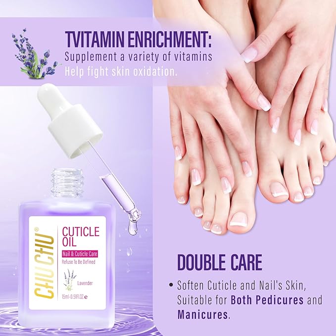 CHUCHU Vegan Cuticle Oil for Nails: Lavender Jojoba Nail Cuticle Oil with Vitamin B & E for Moisturizes Cuticle and Nail's Skin - Prevents Hangnails and Chapped 15ML
