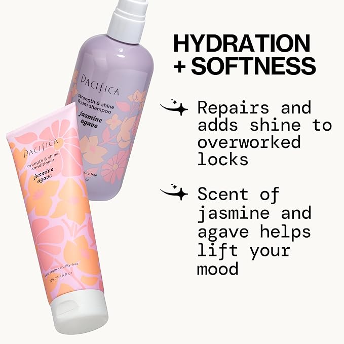 Pacifica Jasmine Agave Strengthening Shampoo & Conditioner Set – Clean Vegan Shampoo & Conditioner for Weak Or Brittle Hair (Including Color-Treated), Stronger Shinier Strands No Silicones or Parabens
