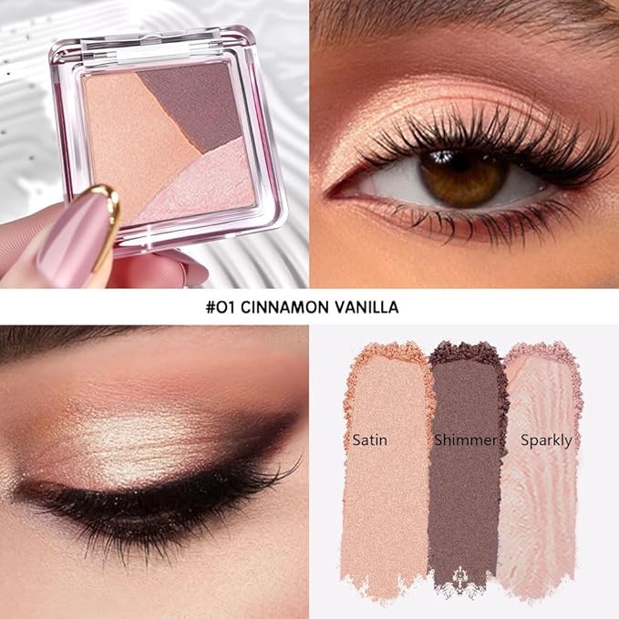 Mini Peach Brown Baked Eyeshadow Palette, 3 Shade Shimmer & Soft Glow Eye Shadow, Fine Smooth Texture, Blendable & Buildable, No Fallout, Long-Lasting for Daily & Glam Looks, Paleta de Sombras de Ojos