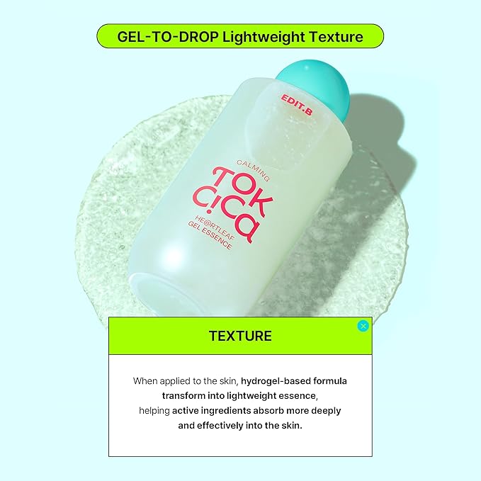 Calming Tok Cica Heartleaf Gel Essence, Cooling & Hydrating Facial Essence for Sensitive Skin, Lightweight Soothing & Relief Moisturizer, Korean Daily Skin Care (1.69 fl.oz / 50ml)