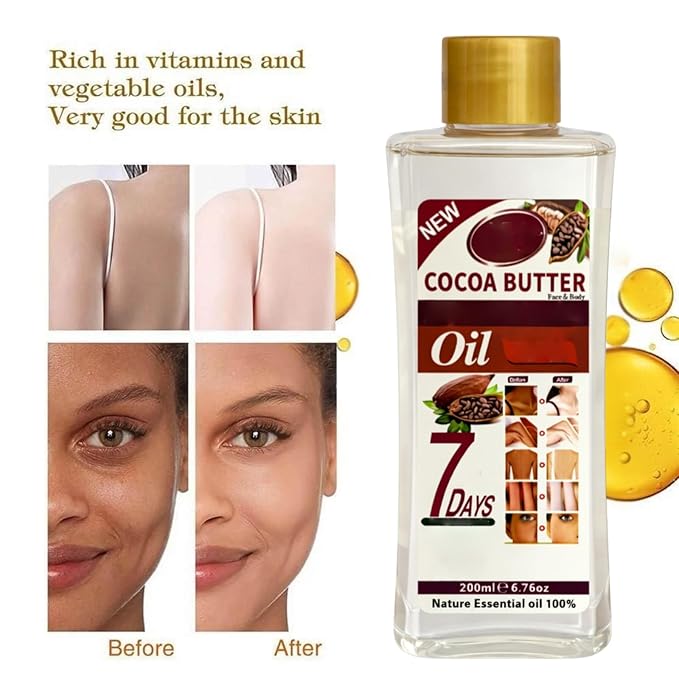 Cocoa Butter Oil for Massage and Skin Moisturizing, Lightweight Hydrating Body Oil for Dry Skin, Spa Body Care Oil with Cocoa Butter Extract, 200ml / 6.76 fl oz