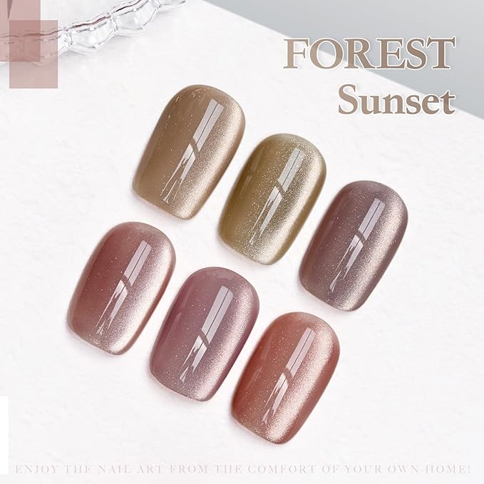 GAOY Forest Sunset Cat Eye Gel Nail Polish Set with Magnet for Holographic Cat Eye, Salon Gel Manicure and Nail Art DIY at Home