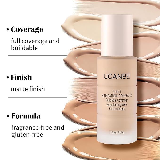 UCANBE 2-IN-1 Foundation + Concealer, Full Coverage Long-Lasting Matte Makeup for Normal, Combination and Oily Skin, Buildable Waterproof Formula with Hyaluronic Acid （07 Medium Beige）