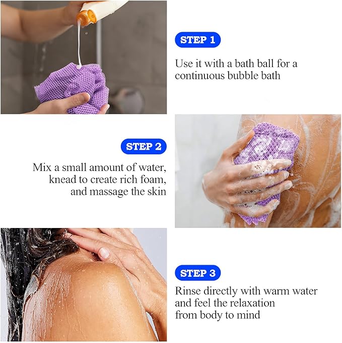 African Net Sponge - Deep Exfoliating Body Scrubber - Ultra Long African Net Sponge Reaches All Back Areas, Gently Buffs Away Dry Flaky Skin for a Renewed Feel, Home Spa Experience（Purple）