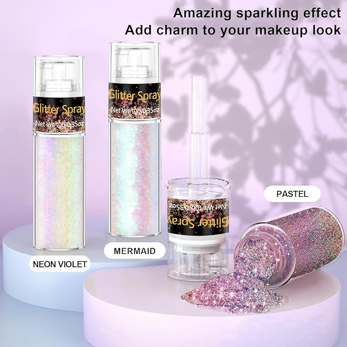 Hair and Body Glitter Spray, Glitter Hairspray Dry Powder Makeup for Clothes, Festival Rave Prom Loose Sparkle Powder,Holographic Ultra Fine Resin Glitters for Crafts (Metallic Beauty Beam)