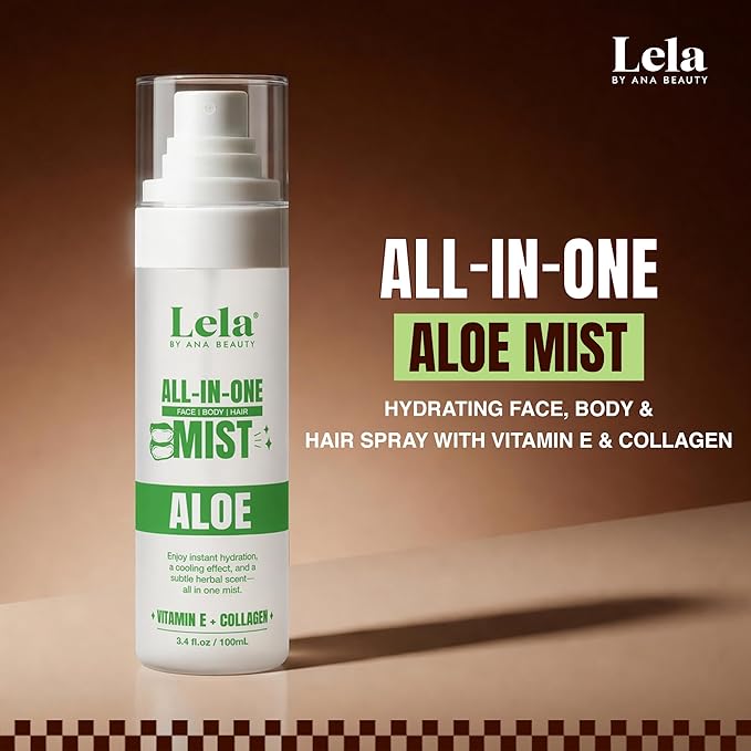 Lela Beauty All-In-One Aloe Mist Hydrating Face, Body & Hair Spray with Vitamin E & Collagen - Lightweight Travel Size Formula with Cooling Facial Mist for Glow & Refreshed Skin - 3.4fl oz