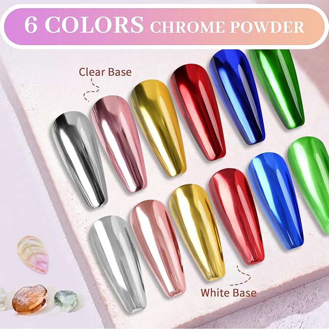 DRMODE Gold Silver Chrome Nail Powder, 6 Colors Red Green Mirror Metallic Effect Nail Chrome Powder, Blue Rose Gold Champagne Colored Chrome Powder for Nails Palette Pigment for Nail Art